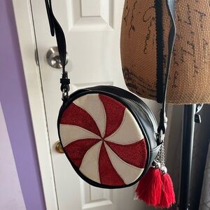 Red and White Peppermint Round Crossbody Bag